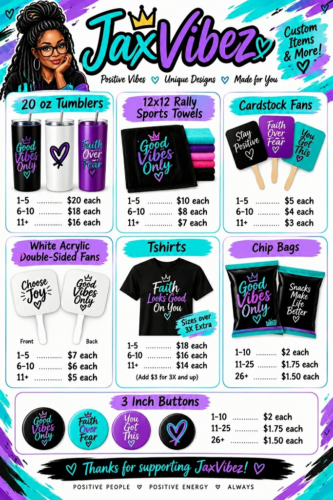 JaxVibez flyer showing all seven product categories and their quantity pricing